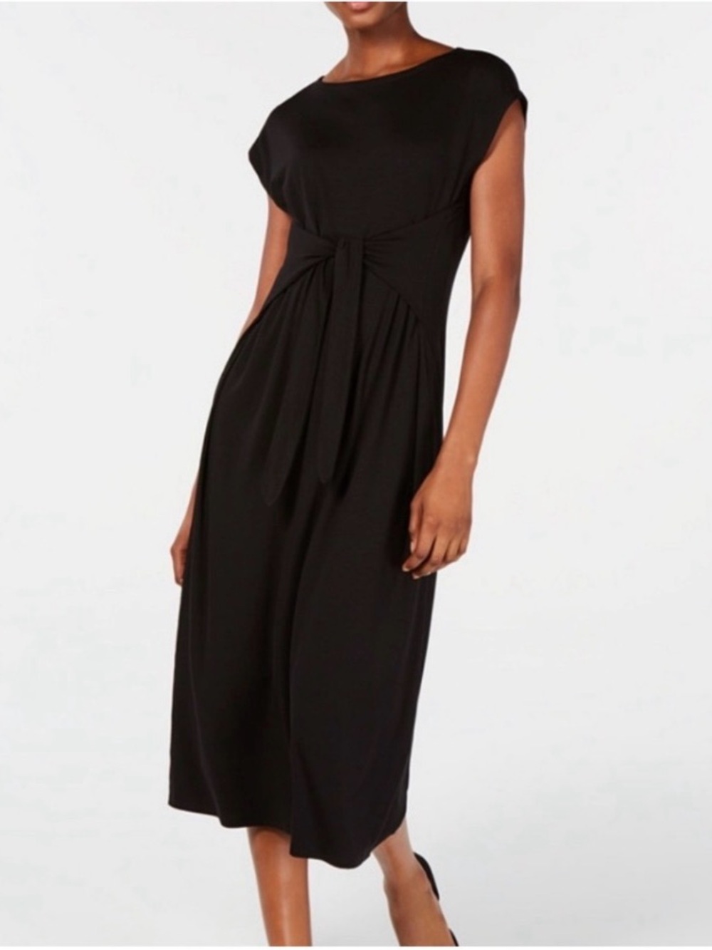 Eileen Fisher Bateau Neck Tie-Waist Midi Jersey Dress
